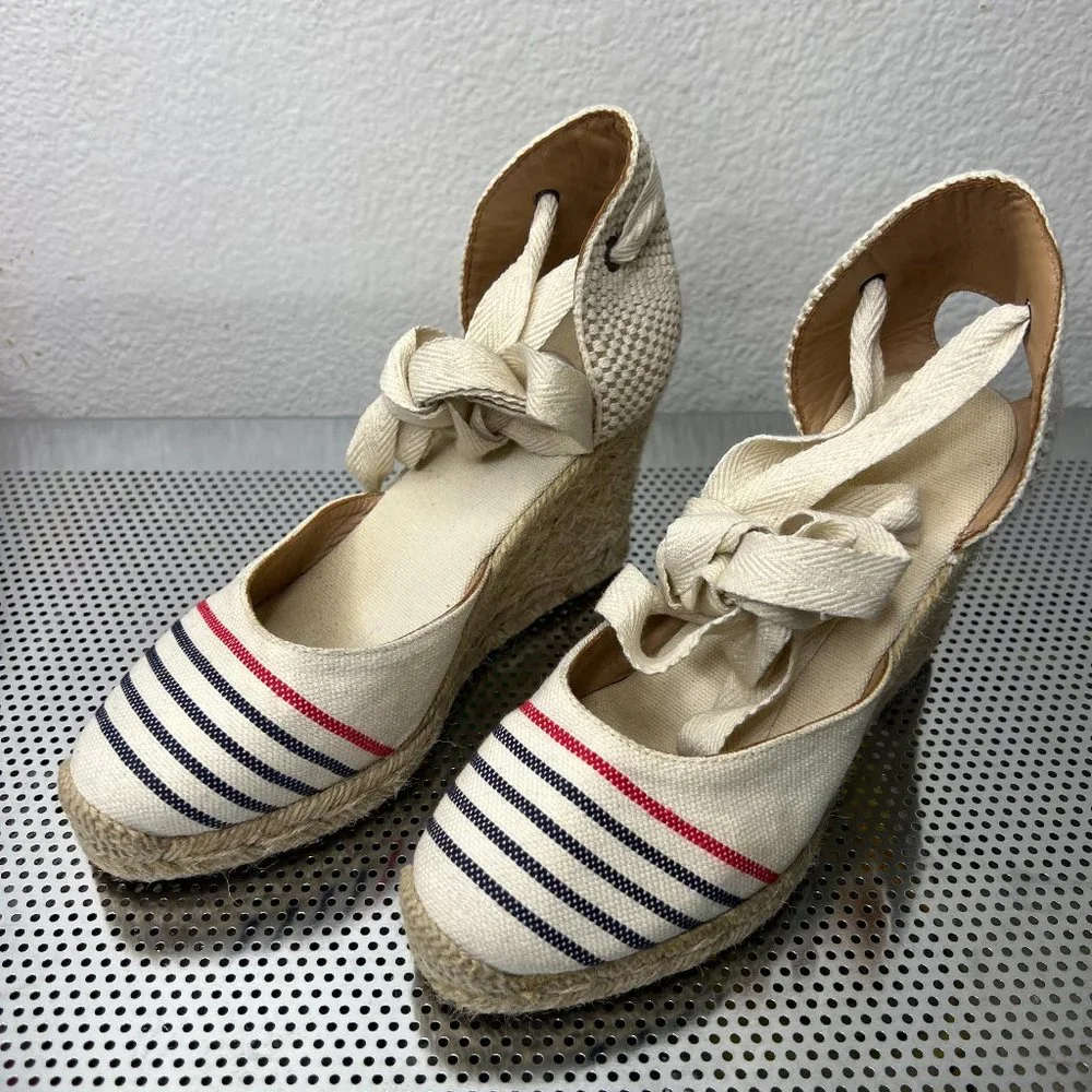 Soludos Women's Lace-Up Tall Wedge Espadrilles Red Navy Natural Size 5